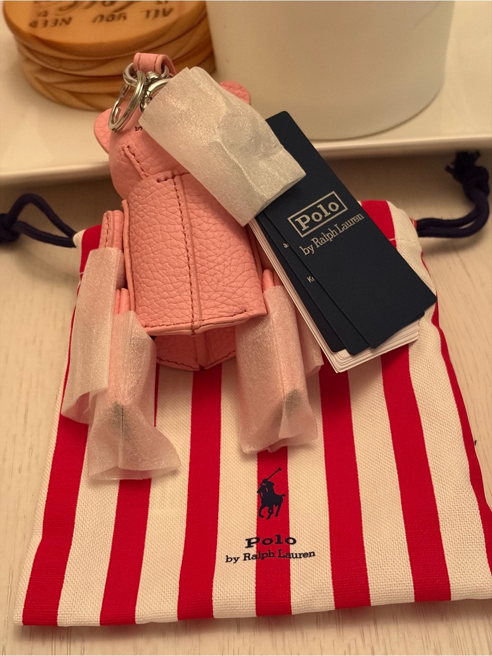 Ralph Lauren Pink Leather Bear Charm Keyring - Picture 7 of 7